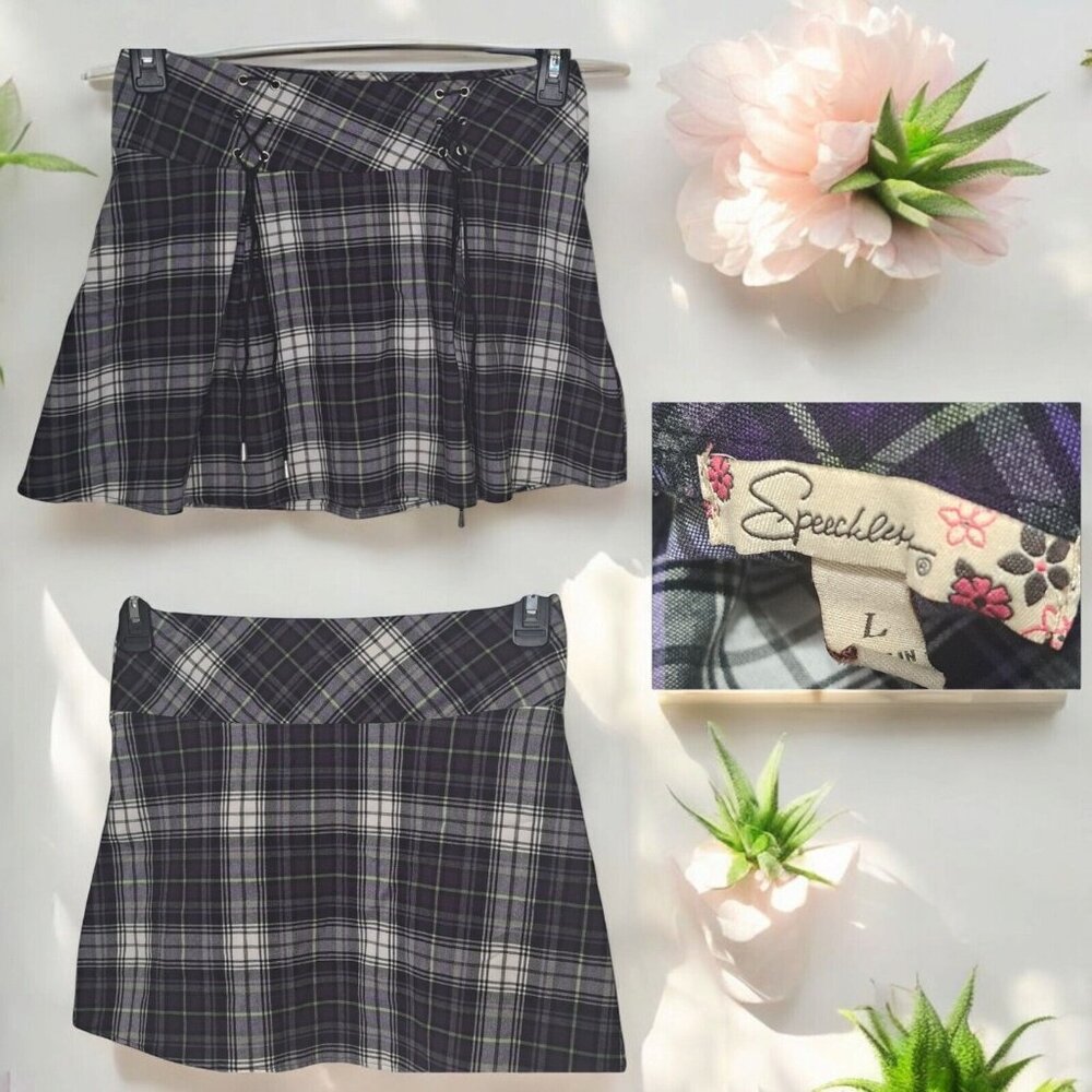 Vtg Y2K Gothic Plaid Mini Skirt Large Purple Punk Rock Grunge School Academia